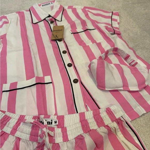 NWT Patiini Matching Pink/White Striped Pajama Set with Eye Mask Womens Size M - Picture 5 of 8